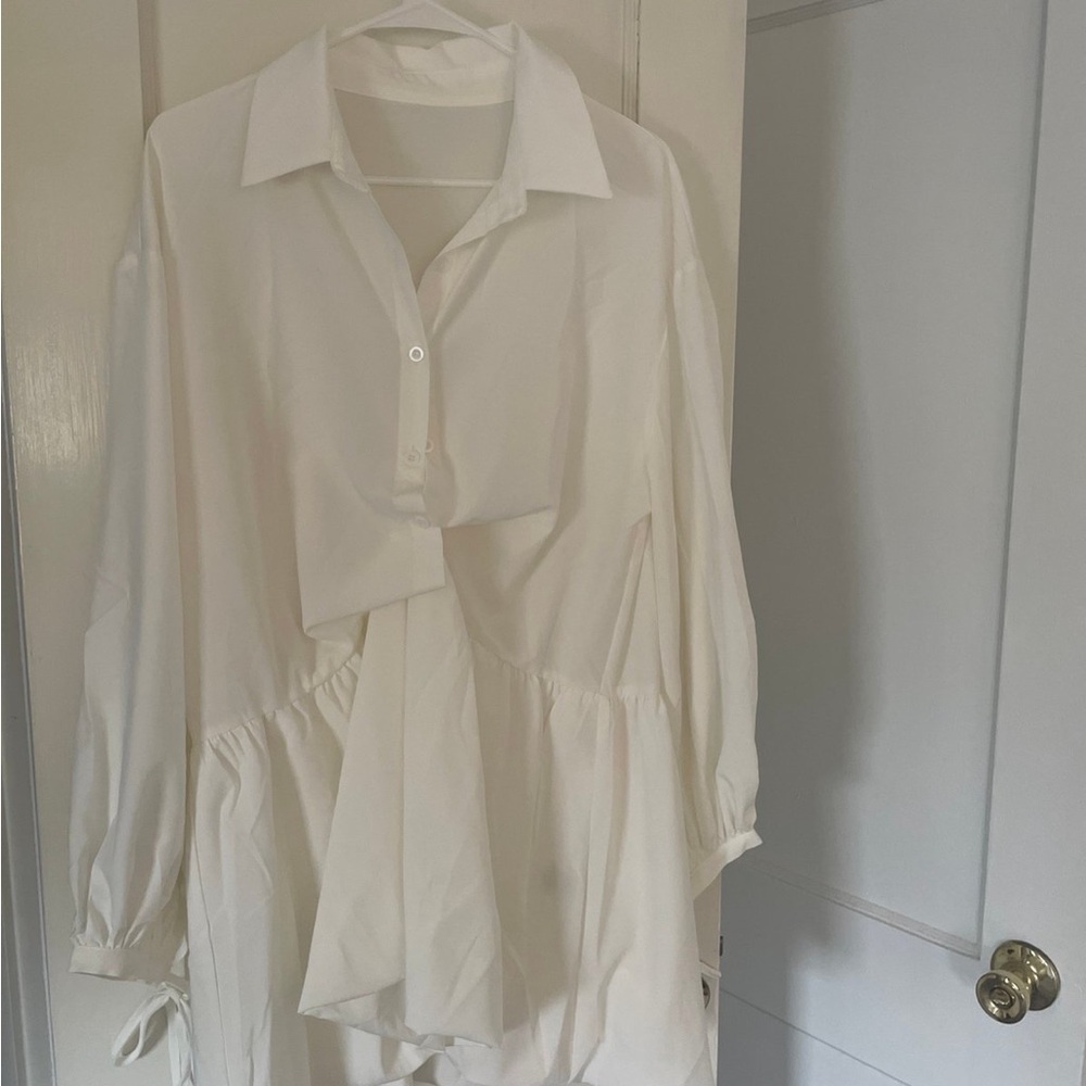 Cream 3/4 Sleeve Button Down Dress with Tie Front